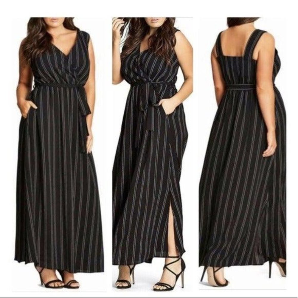 City‎ Chic Black Maxi Pin Stripe Dress Sleeveless V-Neck Belted Plus Size L 20